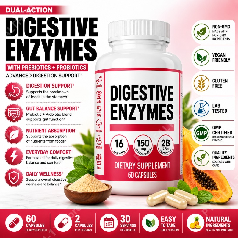 Digestive Enzyme Blend - 消化酵素、プレバイオティクス、プロバイオティクス配合、生姜とペパーミント入り消化サポート16酵素ブレンド、60カプセル
