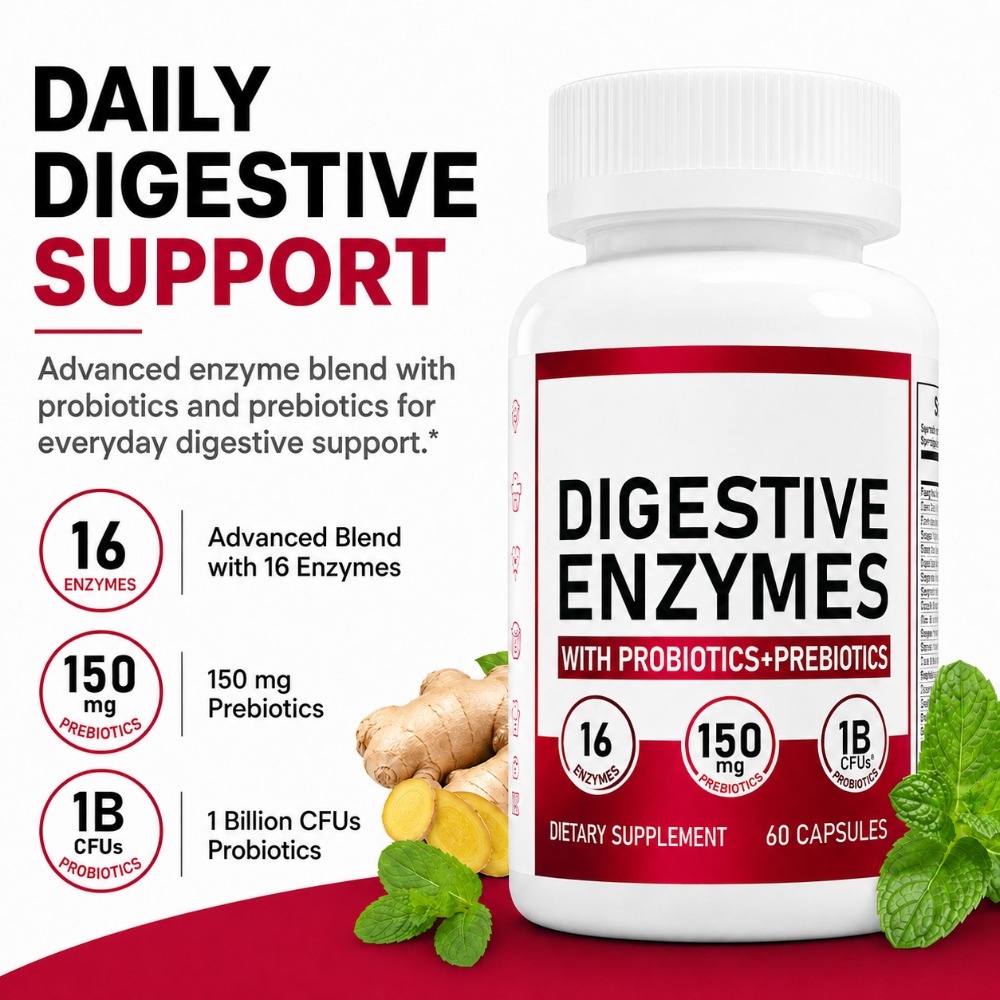 Digestive Enzyme Blend - 10億CFUのプロバイオティクスとプレバイオティクスを配合した消化酵素、腸内健康のための16種類の酵素ブレンド、ジンジャー＆ペパーミント、60カプセル