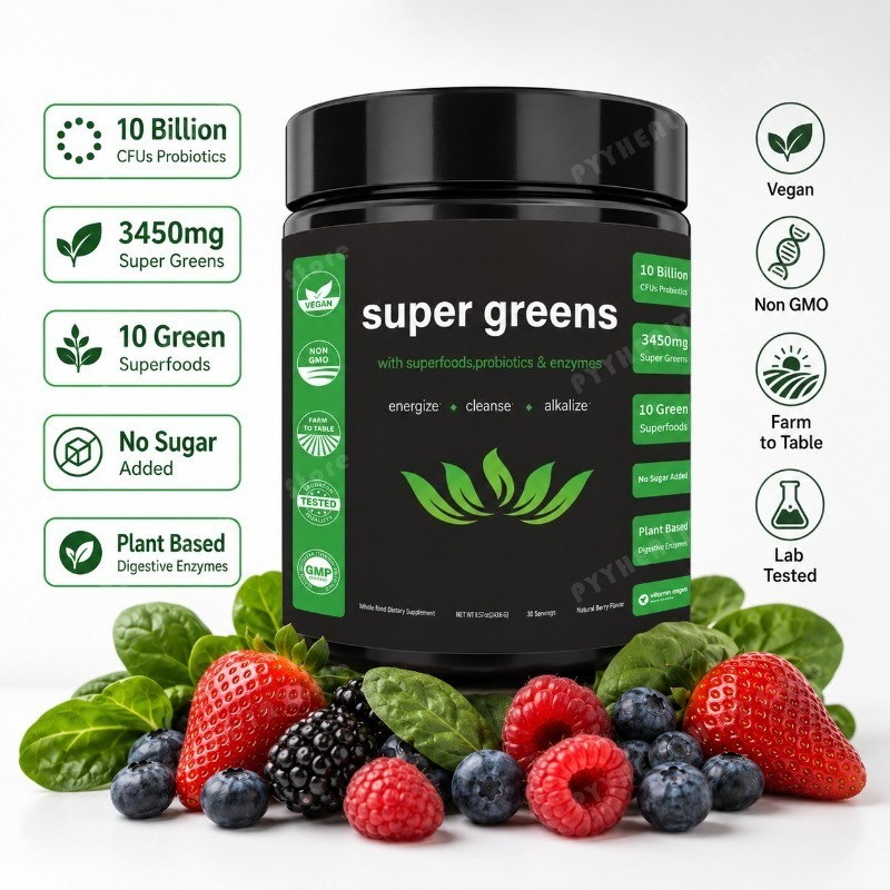 Digestive Enzyme Blend - スーパーグリーンズパウダー（フルーツと野菜のブレンド、プロバイオティクスと消化酵素配合）、ベリーデイリーグリーンズドリンクミックス、30回分