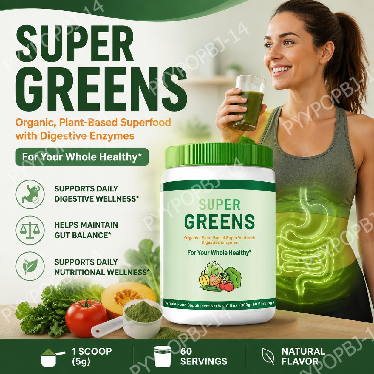 Digestive Enzyme Blend - スーパーグリーンズパウダー オーガニック植物性ホールフードブレンド 消化酵素配合、プレバイオティクスとプロバイオティクスブレンド入り、60回分