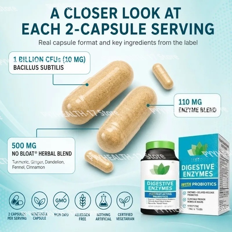 プロバイオティクス配合の消化酵素カプセル。バチルス・サブティ - Digestive Enzyme Blend のレビューと価格