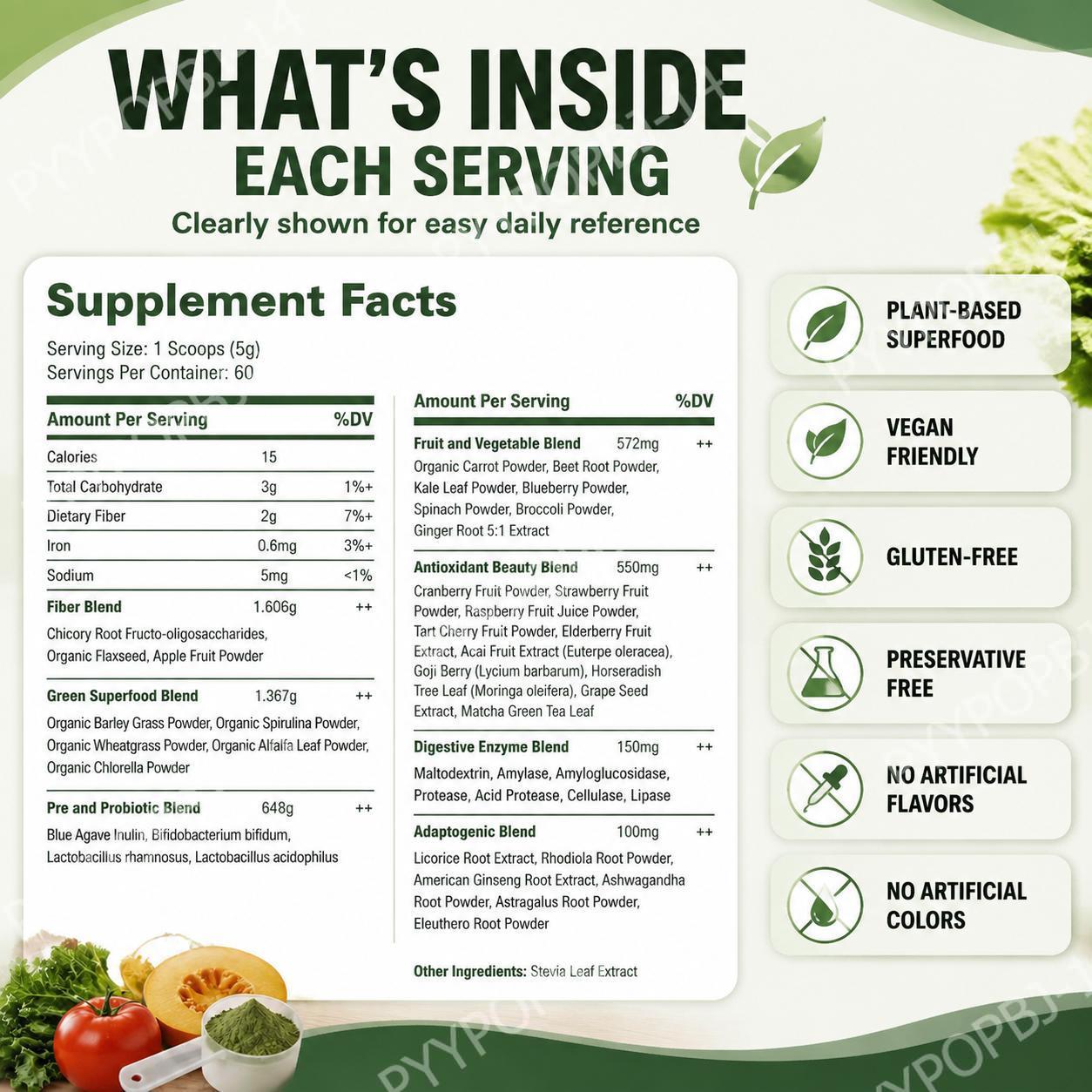 スーパーグリーンズパウダー オーガニック植物性ホールフードブ - Digestive Enzyme Blend のレビューと価格